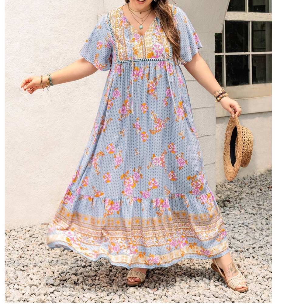 Plus Colorful Floral Print Neck Tie Short Sleeve Maxi Dress